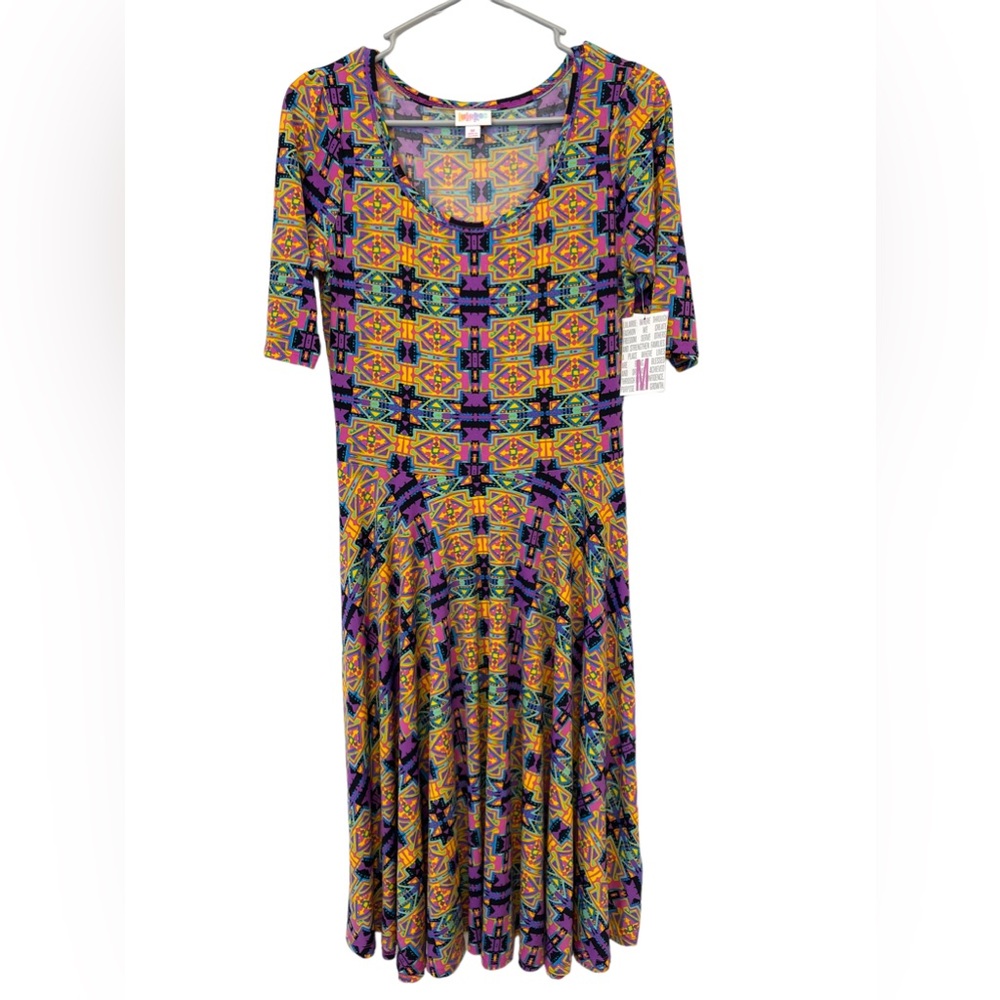 Lularoe Nicole Geometric Printed Midi Dress Size M Yellow Purple Short Sleeves - Picture 1 of 10